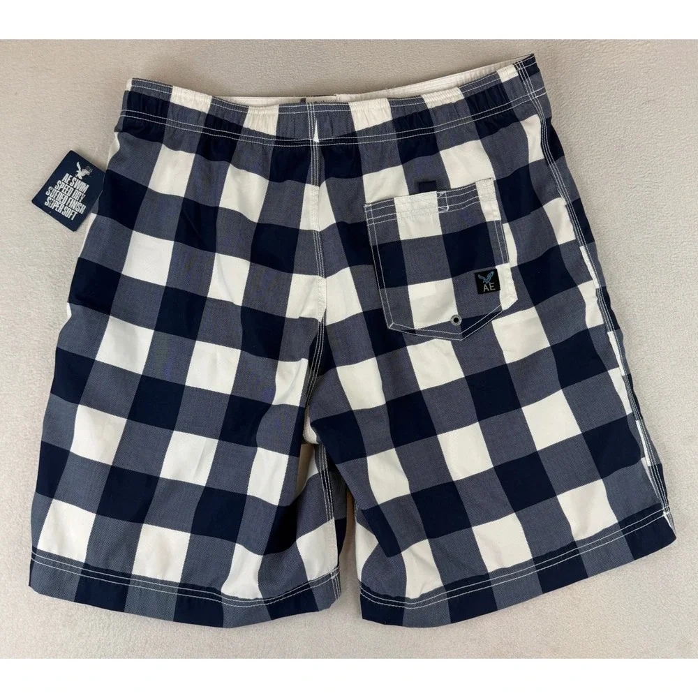 American Eagle Swim Trunks Mens XL Navy Blue White Buffalo Plaid Board Shorts